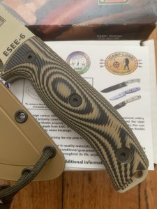 ESEE Knives- ESEE-6 Knife with Coyote/Dark Brown G10 3D Handle Desert Tan Plain Edge Blade and Coyote Kydex Sheath