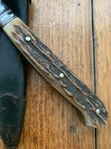 Puma Knife: 1950's 'USED' Jagdnicker Knife with Stag Handle In Original Forest Green Sheath