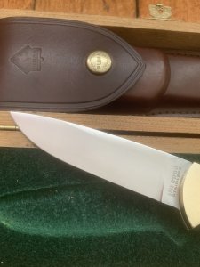 Puma Knife: Puma Original 1979 4 Star Fixed Blade Knife with Black Ebony Layered Handle in Original Wooden Box #13971