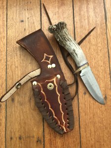 Ken Richardson Custom Handmade 4" Drop Point Blade Hunting Knife with Deer Antler Handle & Custom Sheath