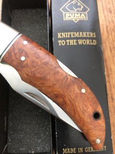 Puma Knife: Rare Puma THUYA Folding Knife with Root Wood Handle in original Black Box