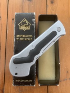 Puma Knife: Puma 230400 FLASH Brushed Silver Black Rubber Linerlock Folding Knife
