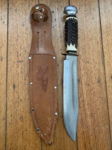 EC Solingen Germany Big 8" Blade Scout Bowie Knife with Stag Handle & Leather Sheath
