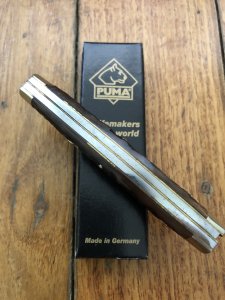 Puma Knife: Puma rare vintage 1974  'STOCK' 3 blade Fold back Knife with Dark Brown Jigged Bone Handle