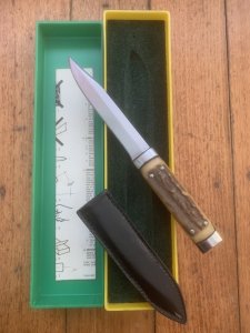 Puma Knife: Puma 1981 Vintage 3573 Boot Knife with Stag Handle Sheath in Puma Green/Yellow Box