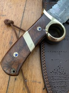 Damascus Knife: Big Damascus Bowie with Walnut Patterned Finger Guard Handle & Sheath