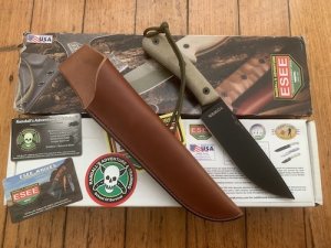 ESEE Knives- ESEE-6HM Knife with Ivory-Beige Micarta Handle & Black Plain Edge Blade & Leather Sheath