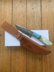 Damascus Turquoise and Pearl Corelon Hunting Knife with Sheath