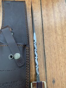 Damascus Knife: Big Damascus Bowie with Walnut Patterned Finger Guard Handle & Sheath