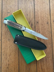 Puma Knife: Puma 1978 Vintage 'MOUNTAIN LION' 3573 Boot Knife with Stag Handle Sheath & Yellow/Green Box