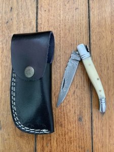 Damascus Folding Knife with White Bone Handle File Work and Pouch