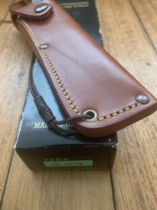 Puma Knife: Puma Rare 1999 Auto White Hunter Knife with Mid Brown sheath and Puma Box