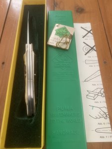 Puma Knife: Puma Mint Rare 1992 'STOCK' 3 blade Knife with Stag Antler Handle and Box #48292