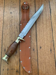 Solingen Germany EUROCUT Original 5 1/4" Thin Blade Bowie Knife with Wood Stacked Handle & Leather Sheath