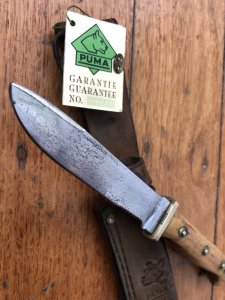 Puma Knife: Puma 1982 Used Hunters Pal with Stag Antler Handle Original Sheath and Matching Warranty Card