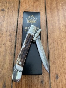 Puma Knife: Puma Rare Large Custom Damascus Medici Lock back Knife with Stag Handle 2003