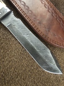 Damascus Knife: Damascus "White Hunter" Knife with Sambar Deer Antler Handle Mid Brown Sheath No2