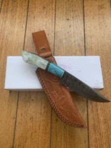 Damascus Turquoise and Pearl Corelon Hunting Knife with Sheath
