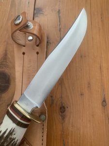Puma Knife: Puma Circa 1980's Original Model 17 Medium Scout/Hunter Knife with Sambar Handle and Original Sheath
