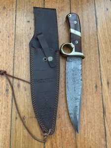 Damascus Knife: Big Damascus Bowie with Walnut Patterned Finger Guard Handle & Sheath
