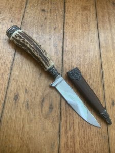 1970's DES Brand Jagdnicker Knife with Red Deer Antler Handle & Sheath