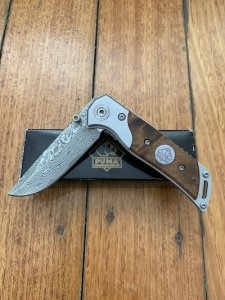 Puma Knife: Puma Tec Damascus Folding Liner Lock Knife with Thuya Root Wood Handle