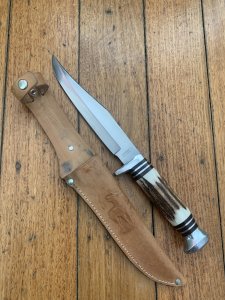 Solingen Germany EUROCUT Original 5 1/4" Thin Blade Bowie Knife with Lighter Deer Antler Handle & Leather Sheath