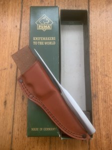 Puma Knife: Puma 18 1002 Very Rare Europamesser Skeleton Knife in Leather Sheath & Box
