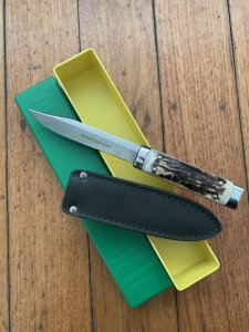 Puma Knife: Puma 1978 Vintage 'MOUNTAIN LION' 3573 Boot Knife with Stag Handle Sheath & Yellow/Green Box