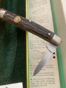 Puma Knife: Puma 1984 Bantam Folding Knife with Stag Antler Handle & Original Green & Yellow Box  #40482