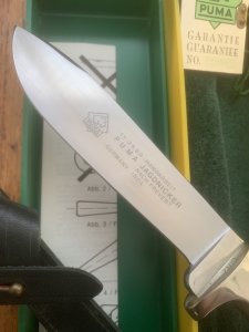 Puma Knife: Puma 1987 Jagdnicker Knife with Stag Handle & Green & Yellow Box