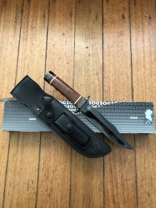 SOG Vintage Original 2005 S1T Bowie 2 knife with Leather Sheath and Sharpening Stone.