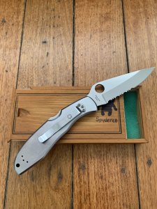 Spyderco Unique Delica 4 Pearl Handled Folding Knife in Wooden Box