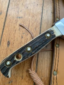 Puma Knife: 1990 Puma Big Big Bowie knife with Stag Antler Handle in original Tan Brown Sheath