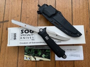 SOG Vintage Original SOG REV-7 SEAL-REVOLVER Gut Hook Knife in Kydex Sheath & Original Box