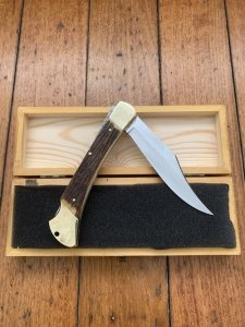 Puma Knife: Puma 1980 Emperor 915 Folding Knife with Stag Antler Handle in Nice Wooden Box