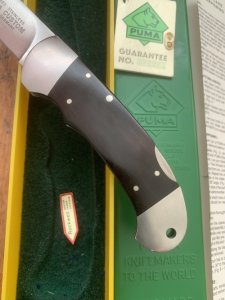 Puma 1989 model 985 Custom Folding Knife with Ebony Handle Original Box and matching Warranty #23981