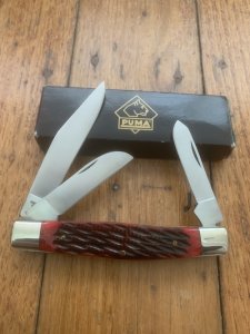 Puma Knife: Puma 1990's Original Stockman Knife with Bright Red Jigged Bone Handle