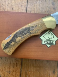 Puma Knife: Puma Original Scrimshawed Puma Aligator 4 Star Folding Lock Blade Knife with Presentation Box