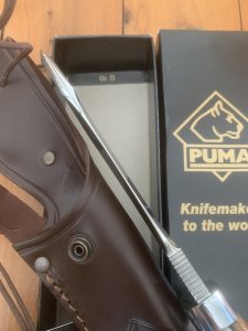 Puma Knife: Puma German Special Edition 'LEOPARD' Model White Hunter with Peach Burl Handle #038