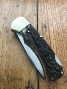 Puma Knife: Puma 1985 USED 745 4 Star Full Sized Folding Lock Knife with Stag Antler Handle *19581