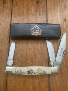 Puma Knife: Puma Original Stockman Knife with Faux Bone Handle And Scrimshawed Duck in Box