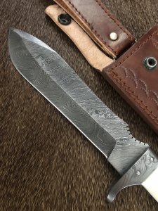 Damascus Knife: Damascus "White Hunter" Knife with Sambar Deer Antler Handle Mid Brown Sheath No2