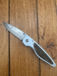 Puma Knife: Puma 2002 Handic Brushed Silver & Stag Slab Linerlock Folding Knife
