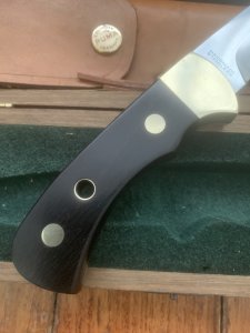 Puma Knife: Puma Original 1980's-90's 4 Star Fixed Blade Knife with Black Micarta Handle-Tan Sheath in Original Wooden Box