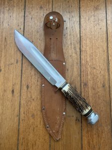 EC Solingen Germany Big 8" Blade Scout Bowie Knife with Stag Handle & Leather Sheath