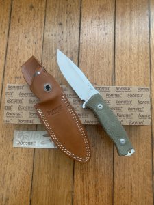 LionSTEEL Italy. Model M5 CVG-1 Green Canvas Micarta Handle with Leather Sheath