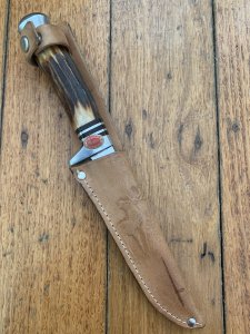 Solingen Germany EUROCUT Original 5 1/4" Thin Blade Bowie Knife with Deer Antler Handle & Leather Sheath