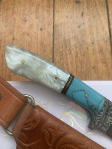 Damascus Turquoise and Pearl Corelon Hunting Knife with Sheath