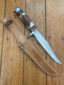 Solingen Germany EUROCUT Original 5 1/4" Thin Blade Bowie Knife with Lighter Deer Antler Handle & Leather Sheath
